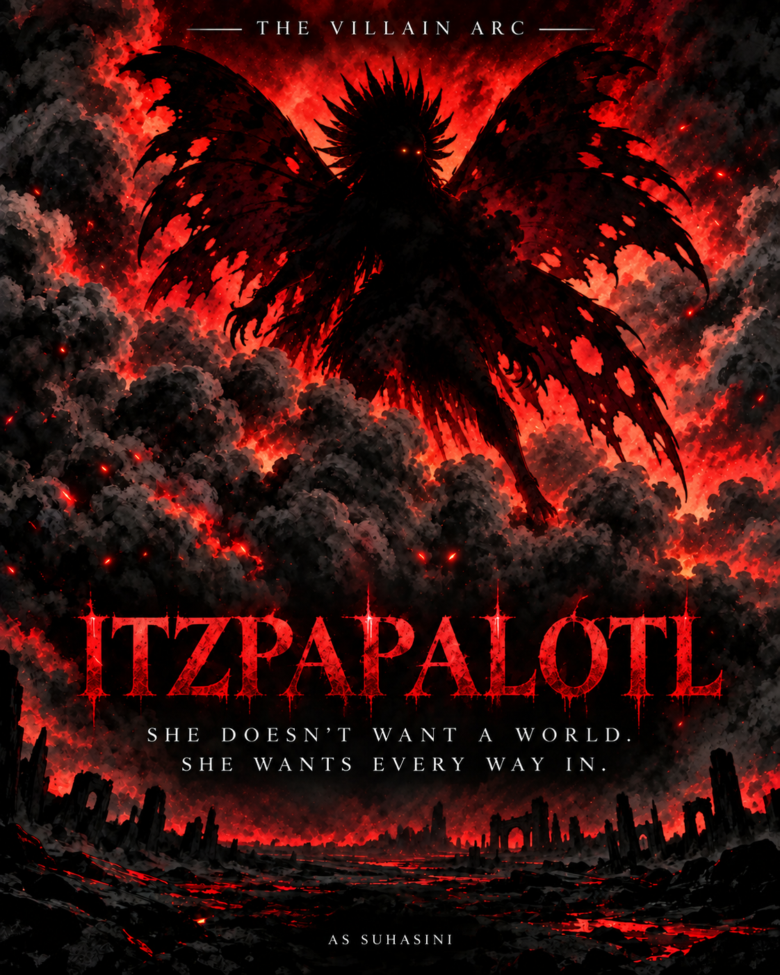 A smoke-obscured silhouette of Itzpapalotl in the Issue 03 teaser poster — by AS Suhasini